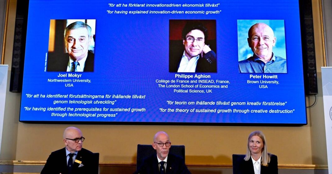 Joel Mokyr, Philippe Aghion y Peter Howitt fueron galardonados con el Nobel de Economía 2025 por su trabajo sobre innovación y crecimiento sostenido. Foto: EFE
