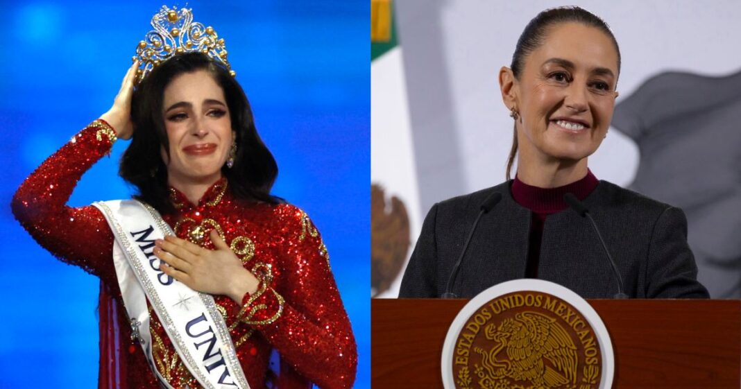 Fátima Bosch celebra su coronación como Miss Universo 2025 tras recibir felicitación de la presidenta Claudia Sheinbaum. Foto: EFE, especial