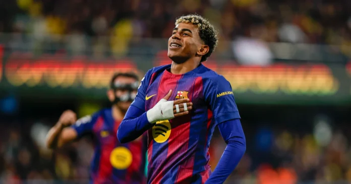 Lamine Yamal celebra su gol ante el Villarreal en La Cerámica, en la victoria que confirmó al Barcelona como campeón de invierno. Foto: EFE