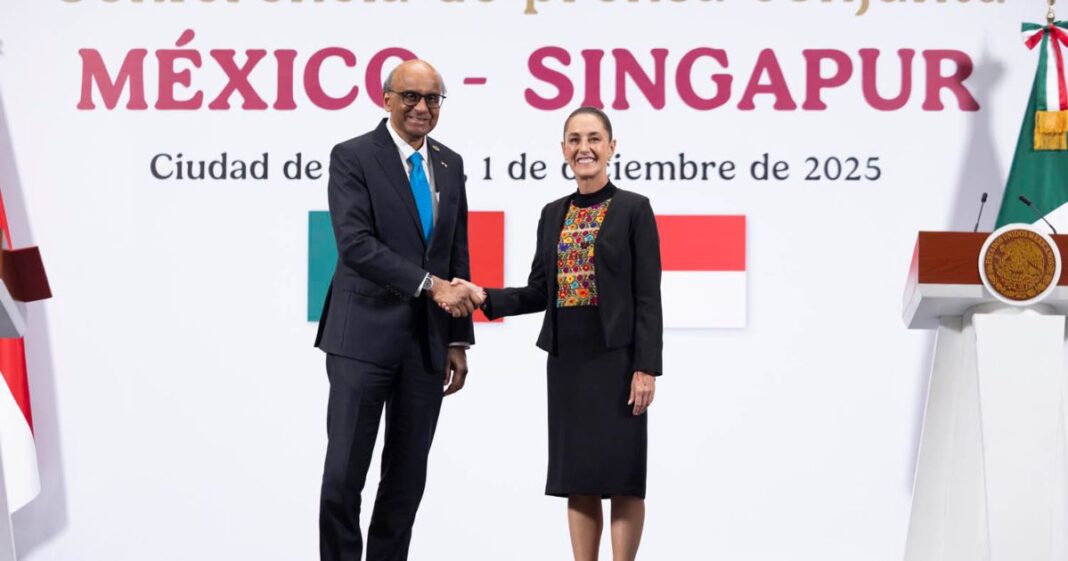Claudia Sheinbaum recibió en Palacio Nacional al presidente de Singapur para fortalecer la relación bilateral y atraer inversión asiática. Foto: Gobierno de México