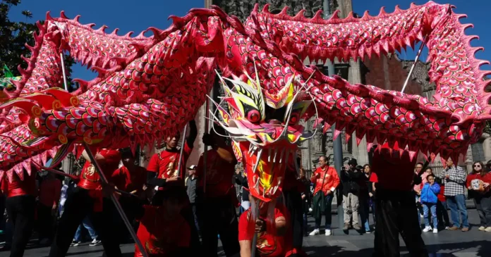 Bailarines manipulan un dragón tradicional durante el desfile del Año Nuevo chino en el Barrio Chino de Ciudad de México. Foto: EFE/Sáshenka Gutiérrez