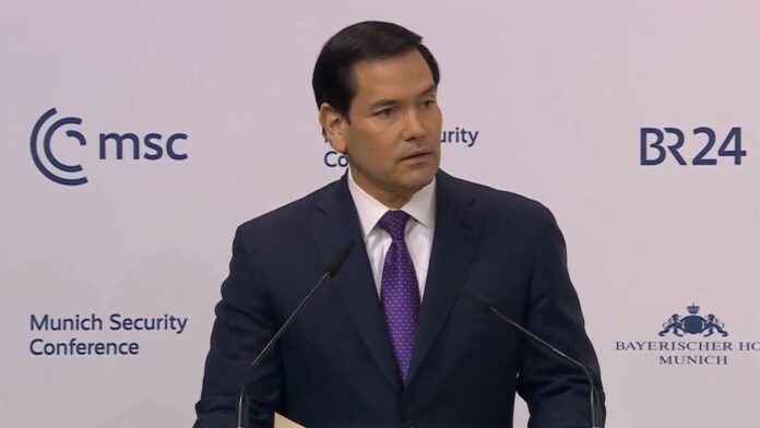 Marco Rubio durante su intervención en la Conferencia de Seguridad de Múnich ante líderes internacionales. Foto: Tomada de X