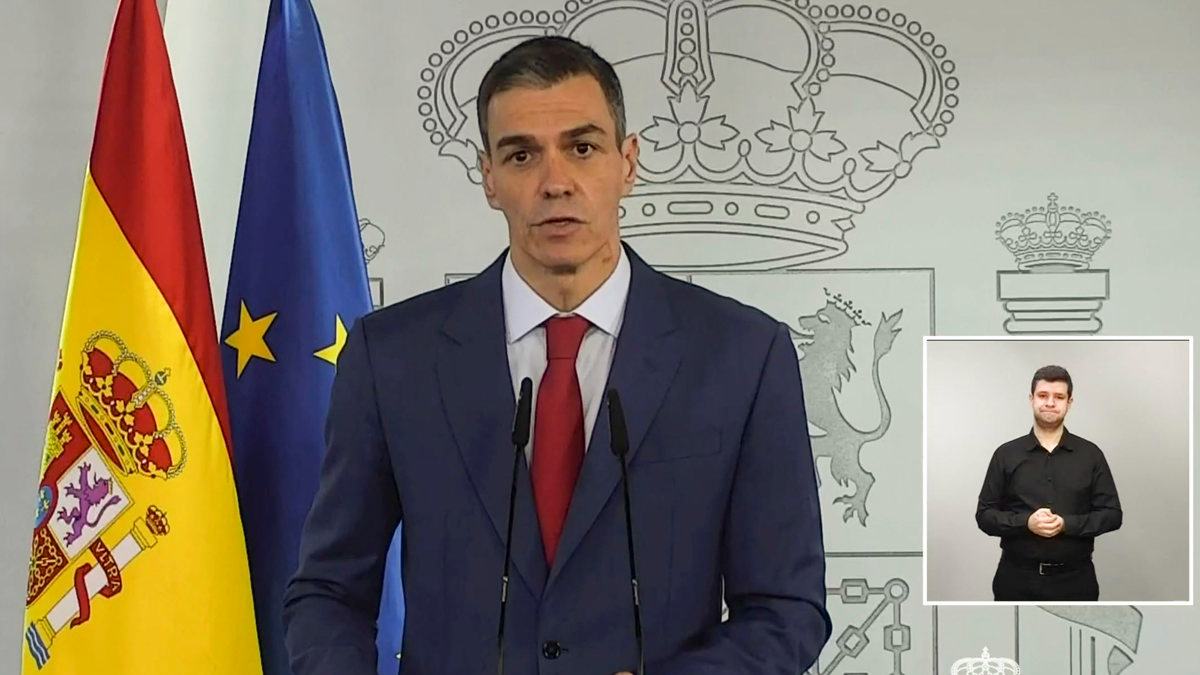 El presidente del Gobierno español, Pedro Sánchez, durante una declaración institucional en el Palacio de la Moncloa. Foto: EFE/Pool Moncloa