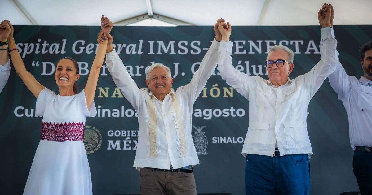 La presidenta Claudia Sheinbaum, AMLO y el gobernador de Sinaloa Rubén Rocha Moya. Foto: Gobierno de México/Archivo