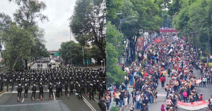 Elementos de seguridad impidieron el avance de maestros de la CNTE hacia el Estadio Ciudad de México previo al inicio del Mundial 2026. Foto: CNTE