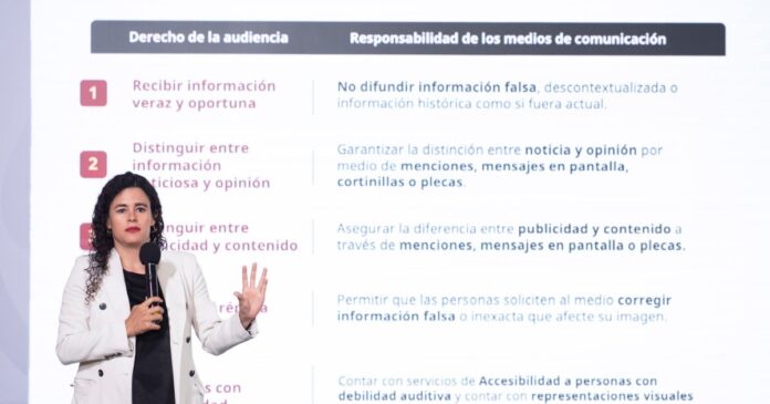 Claudia Sheinbaum y Luisa María Alcalde presentaron el anteproyecto sobre derechos de las audiencias durante la conferencia matutina. Foto: Gobierno de México