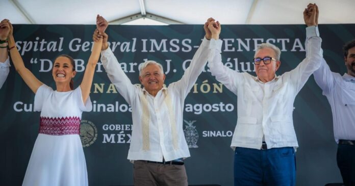 La presidenta Claudia Sheinbaum, AMLO y el gobernador de Sinaloa Rubén Rocha Moya. Foto: Gobierno de México/Archivo