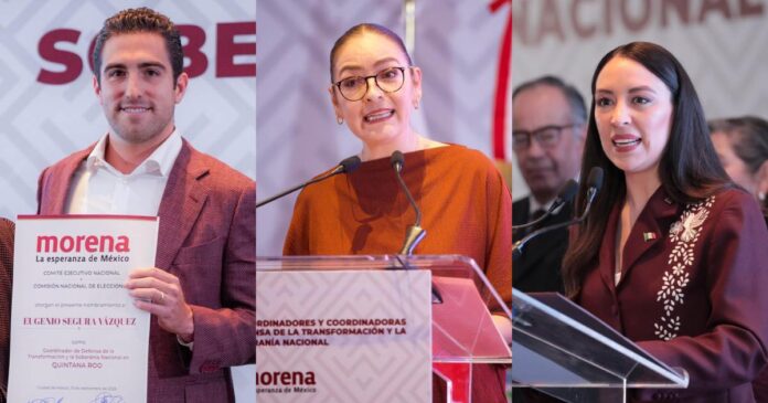 Eugenio Gino Segura, Verónica Díaz y Julieta Ramírez fueron designados por Morena como coordinadores estatales rumbo a las elecciones de 2027. Foto: Morena