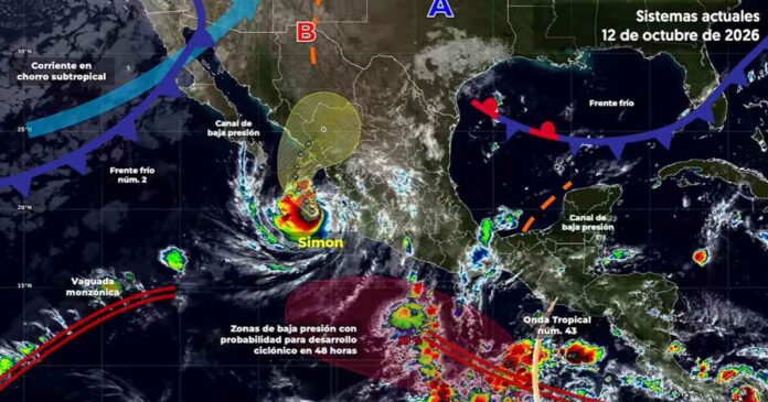 El huracán Simón se debilitó a categoría 2, mientras la Secretaría de Marina mantiene el cierre de puertos ante las condiciones meteorológicas. Foto: SMN